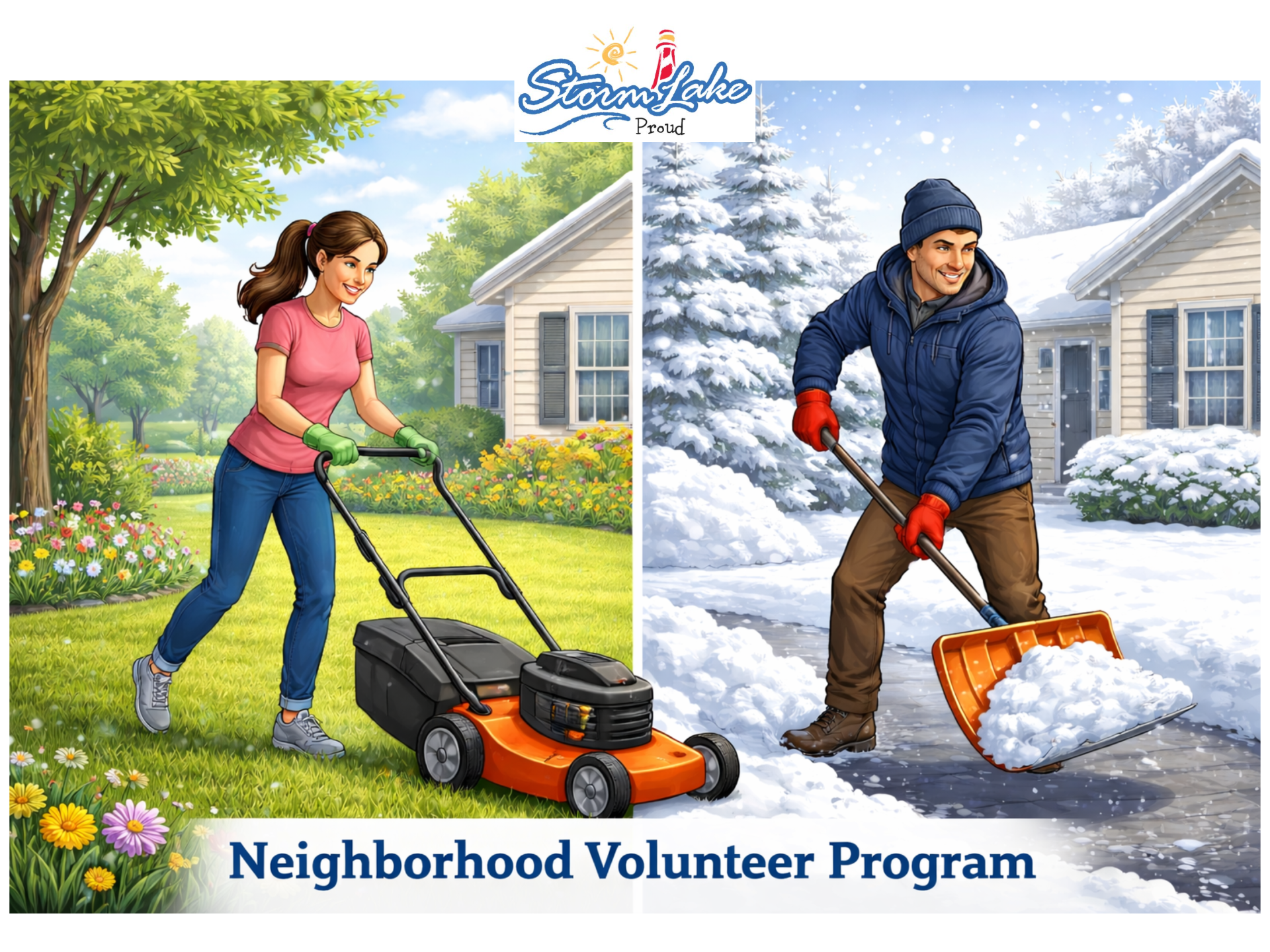 Picture of female mowing and man shoveling snow